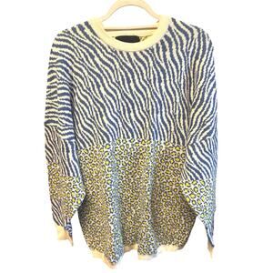 Spirit Jersey NY Sweater Blue Yellow Zebra Leopard Print 100% Cotton M
